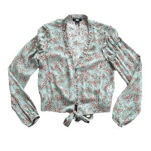 Paige Silk Blouse Women's XS Blue Floral Long Sleeve Tie Front
